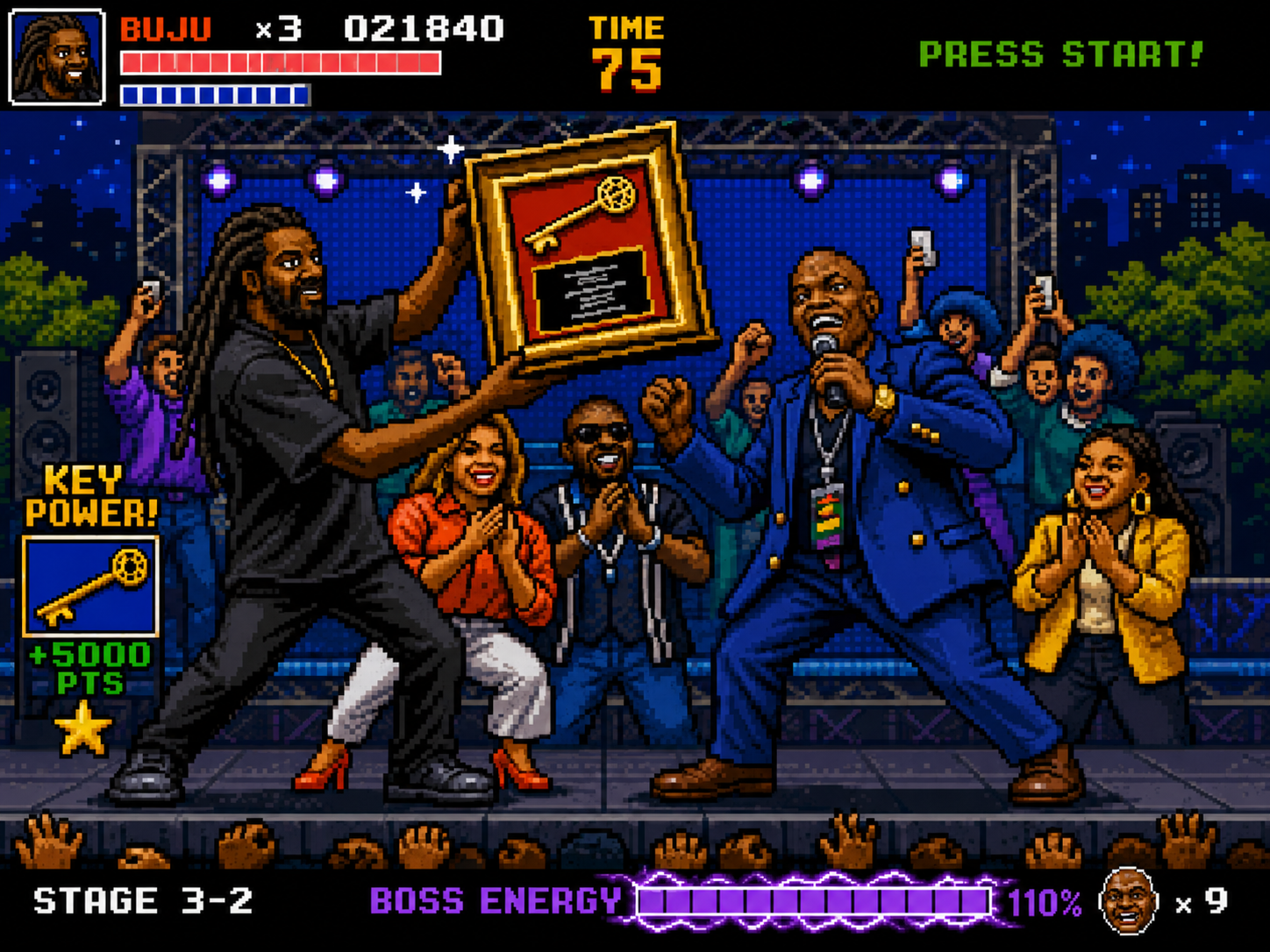 Marlon Bolton on stage at the Buju Banton concert in Tamarac, rendered in 16-bit arcade pixel art style